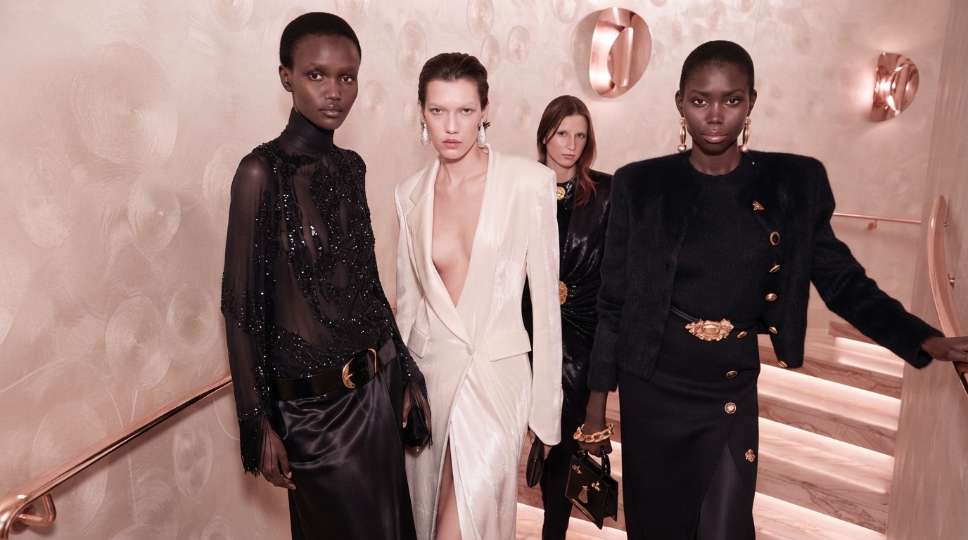 Celebrities in high fashion outfits commanding attention at a glamorous fashion event, showcasing their significant influence on industry trends.