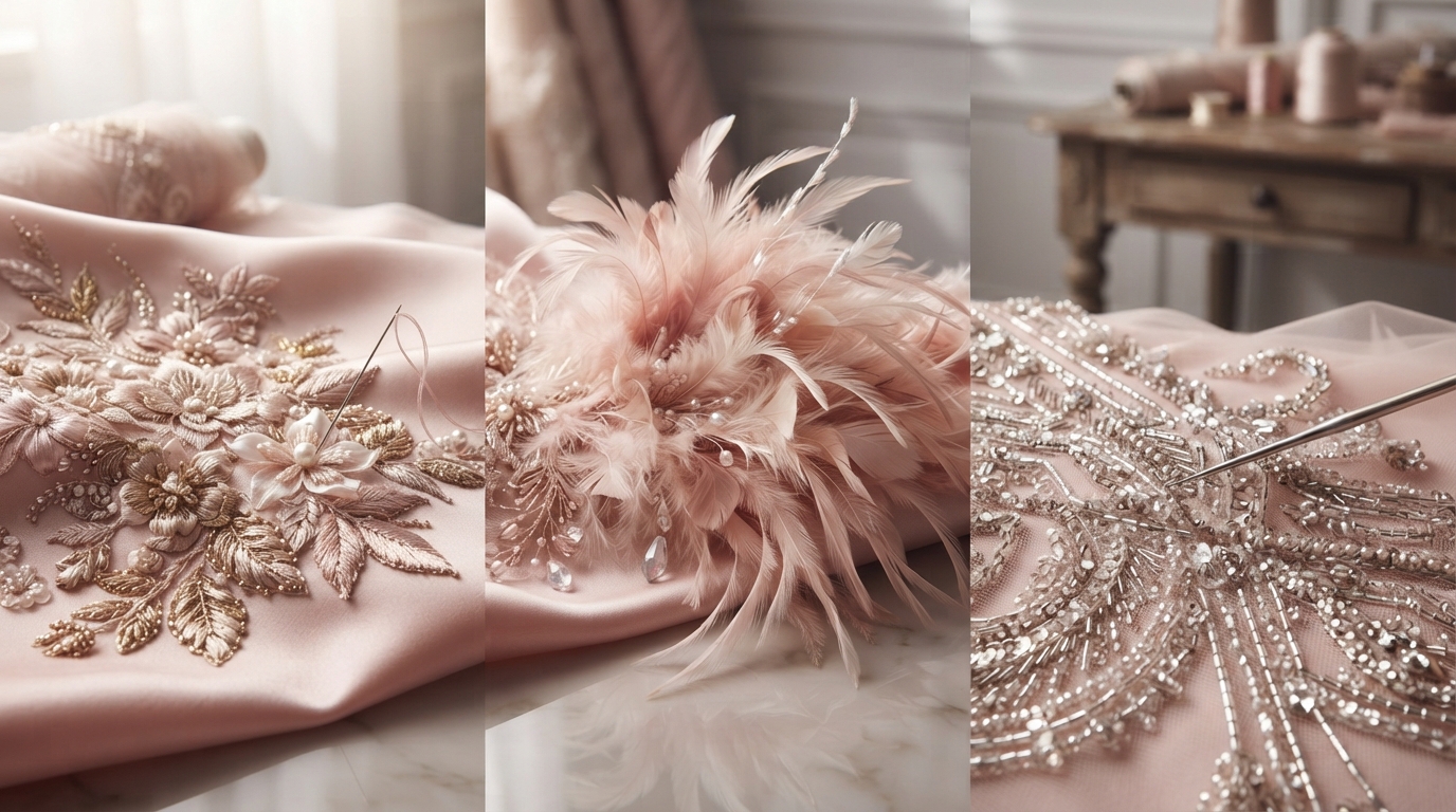 Editorial illustration for Three Techniques That Define Haute Couture Embellishment: Hand Embroidery, Featherwork, and Luneville Beading